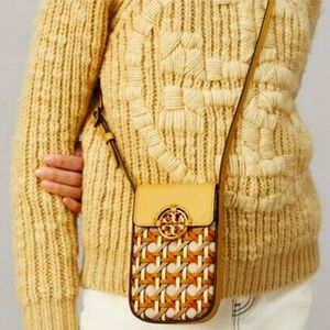 Tory Burch $378 86978 Miller Basketweave Phone Crossbody Cornbread EUC!